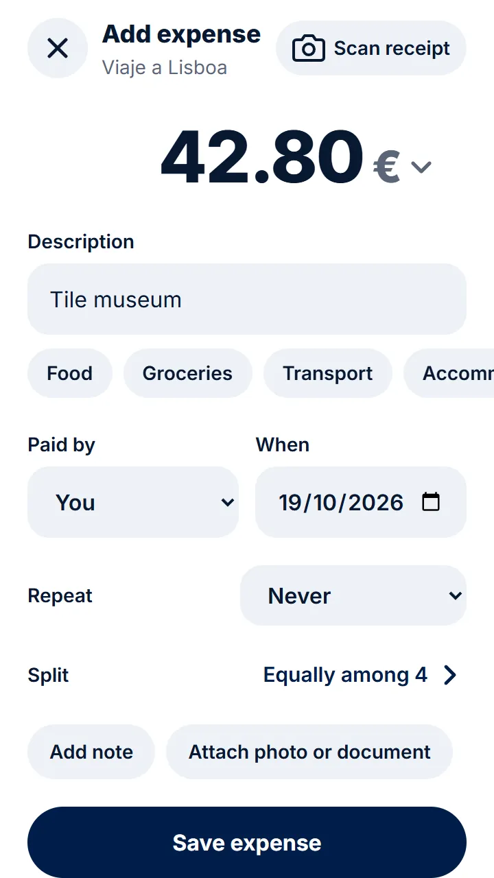 Tap «Save expense». The others see it straight away.