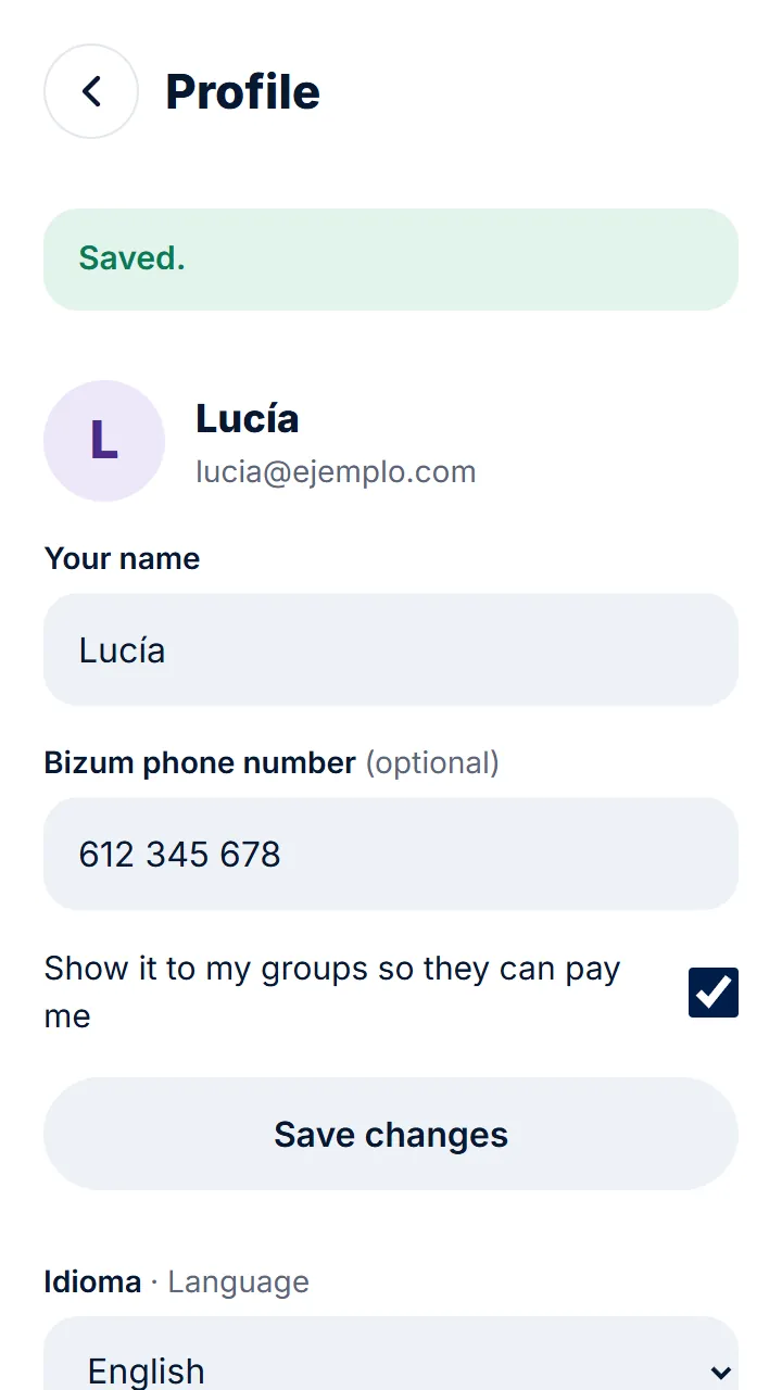 Type your Bizum phone number, tick «Show it to my groups so they can pay me» and tap «Save changes».
