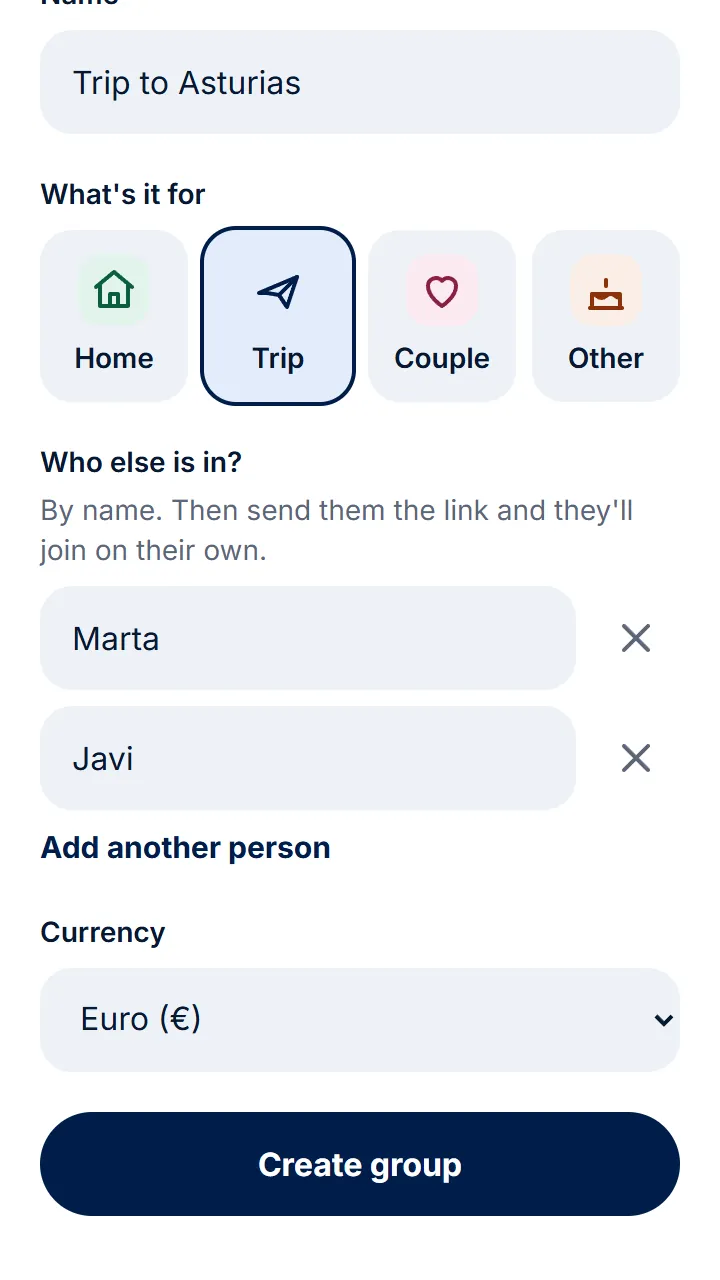 Give it a name, choose what it's for and type the others' names. Then tap «Create group».
