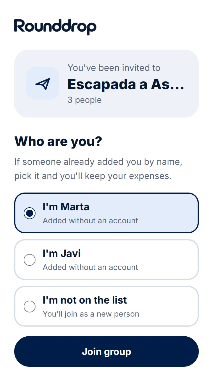 Whoever opens the link signs in with their email and picks their name from the list. They're in.