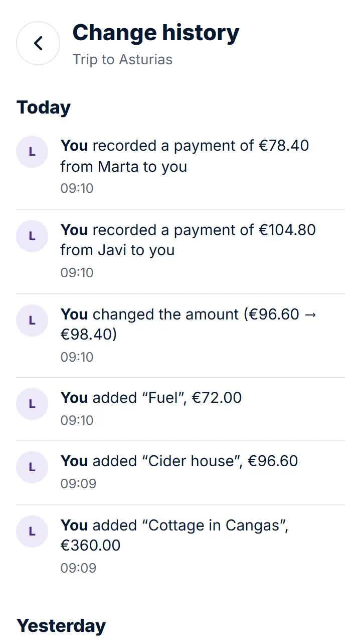 You'll see expenses, payments, comments, people and settings, each with who did it and when; if the amount, description, date, category or a group setting changed, also the before and after.