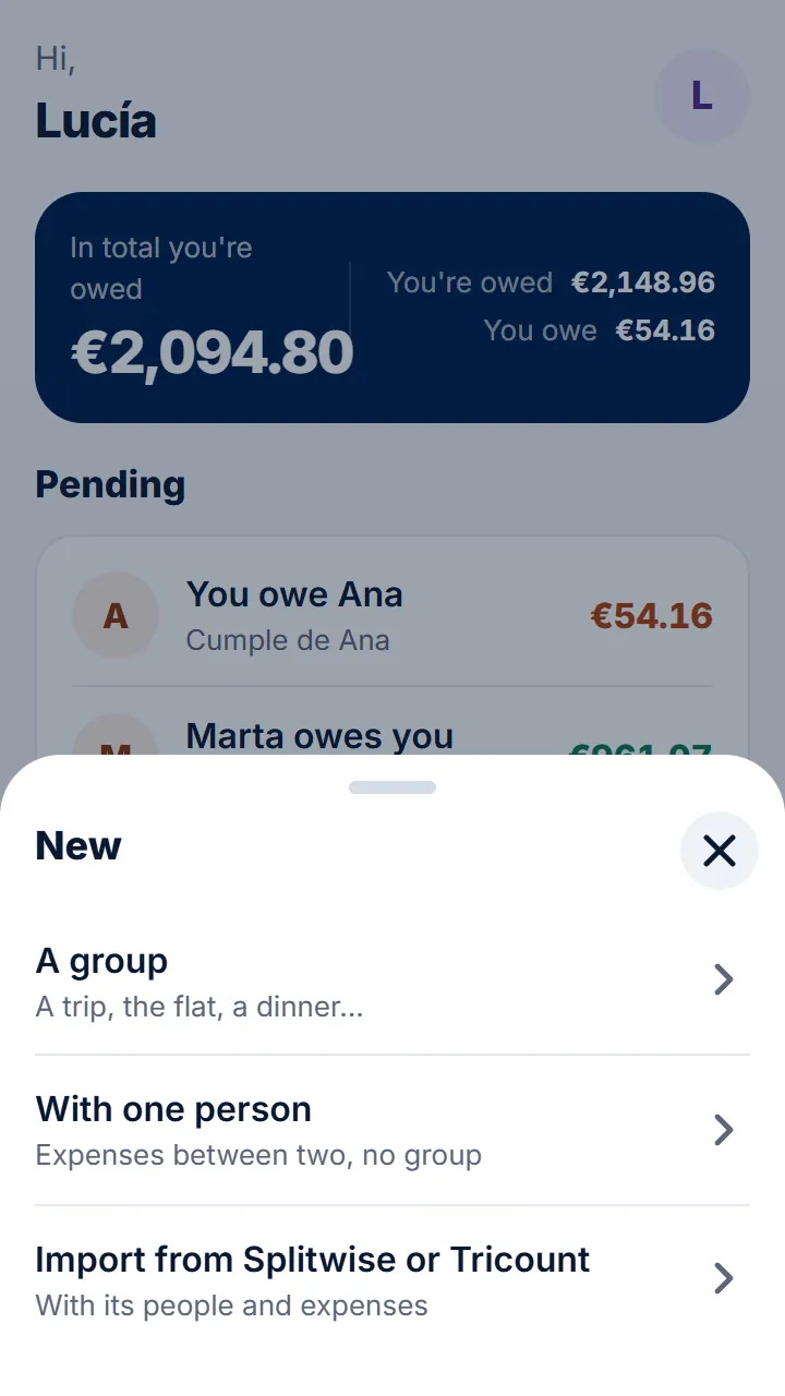 In Rounddrop, tap «Import from Splitwise or Tricount»: it's on Home › «New» and in your profile. If you don't have any groups yet, Home shows «Coming from Splitwise or Tricount? Bring your groups».
