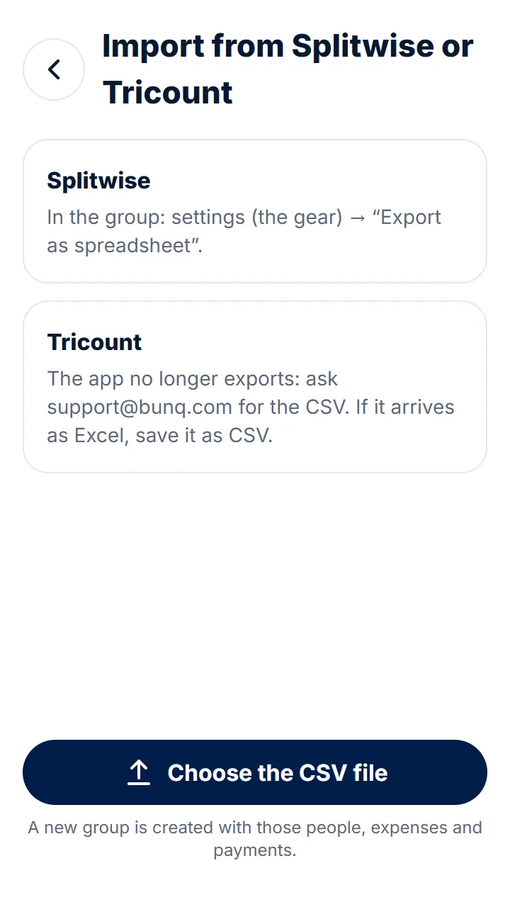 Tap «Choose the CSV file», say who you are in the file and tap «Import».