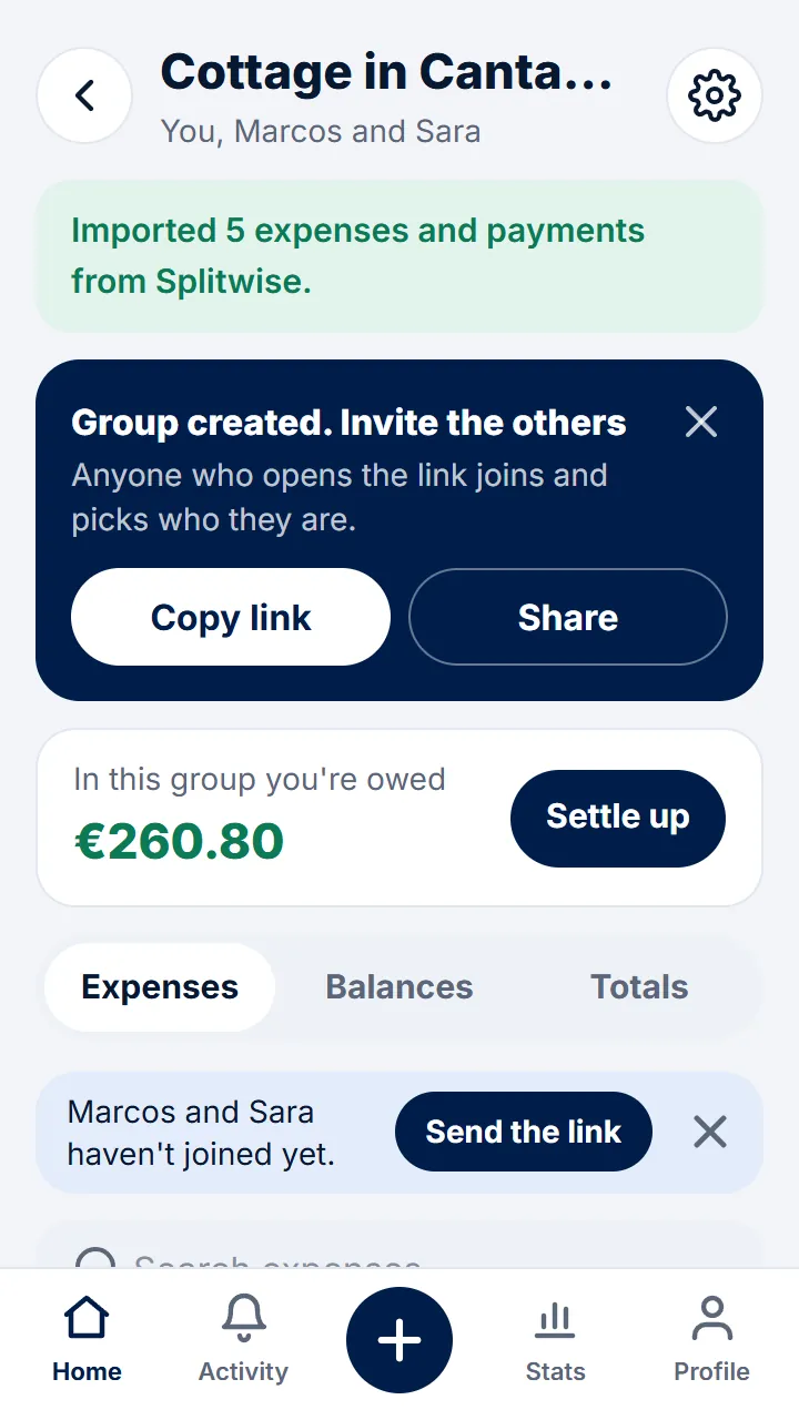 A new group is created with its people, expenses and payments. Send them the link so they can join.