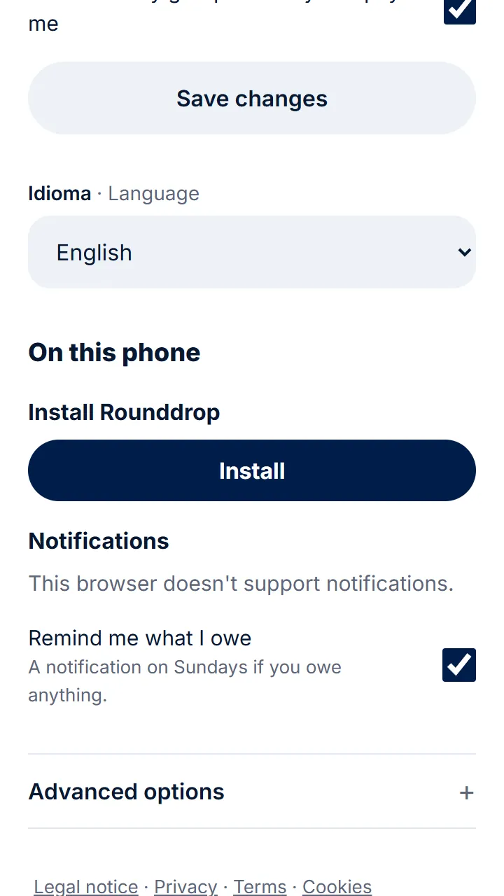 On Android, open rounddrop.app in Chrome, go to your profile and tap «Install». If it isn't there, three-dot menu › «Install app».