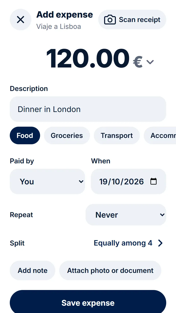 When adding the expense, tap the currency symbol next to the amount.