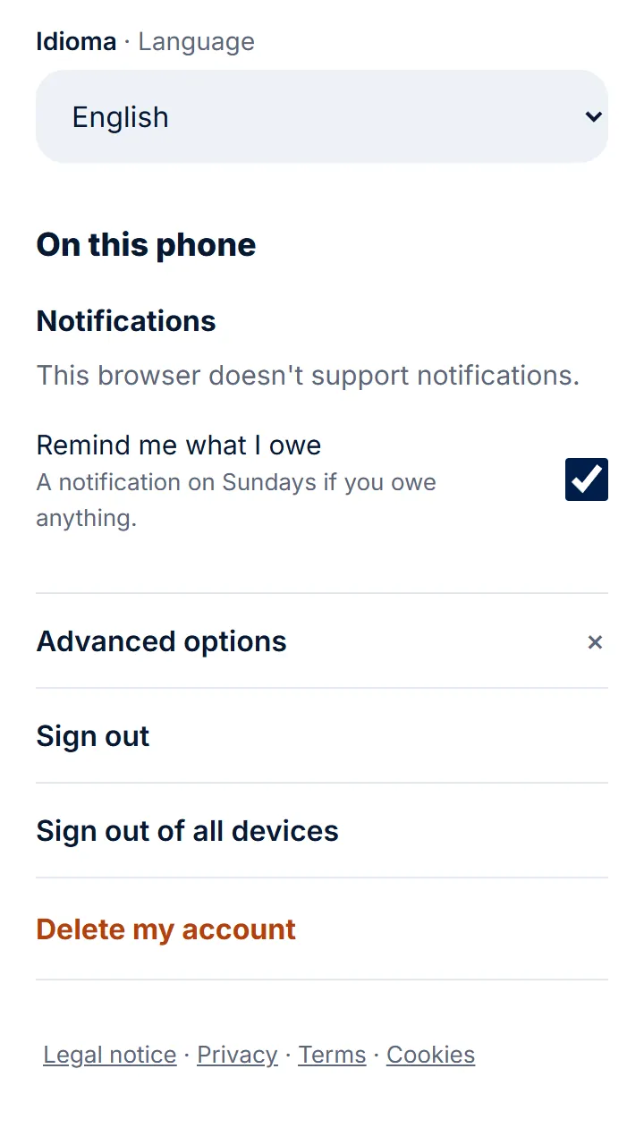 To delete your account, open «Advanced options» at the bottom, tap «Delete my account» and type the code we send you.
