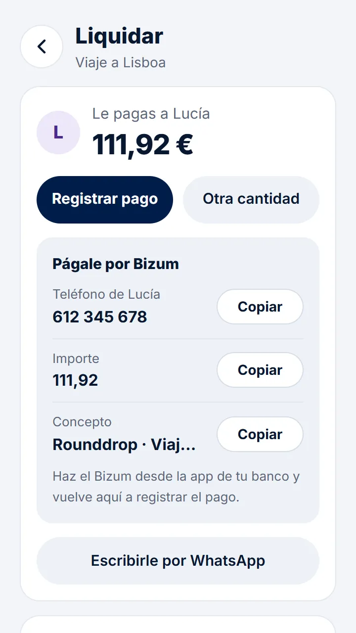 Quien te deba verá tu teléfono y el importe al liquidar, listos para copiarlos en la app de su banco.