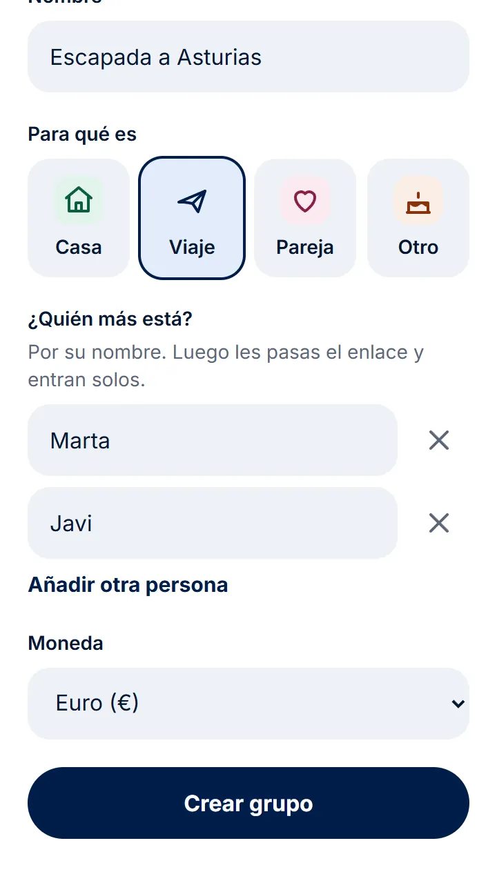 Ponle nombre, elige para qué es y escribe el nombre de los demás. Luego toca «Crear grupo».
