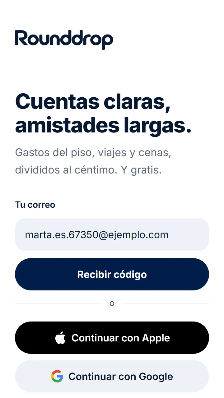 Escribe tu correo y toca «Recibir código». También puedes entrar con Google o con Apple.