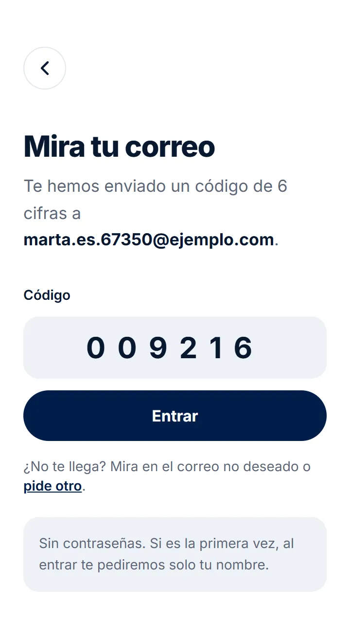 Te llega un correo con un código de 6 cifras. Escríbelo aquí.