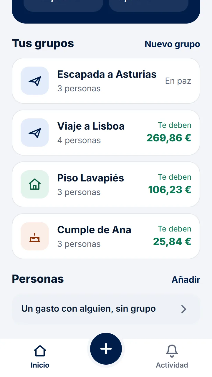 En Inicio, toca «Un gasto con alguien, sin grupo».