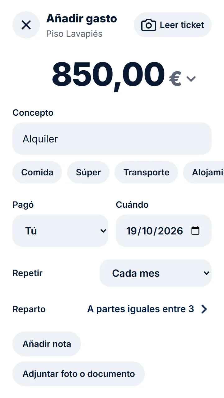 Al apuntar el gasto, en «Repetir», elige cada cuánto: cada semana, cada mes…