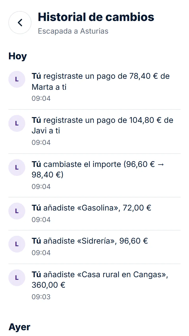 Verás gastos, pagos, comentarios, personas y ajustes, cada uno con quién lo hizo y cuándo; si cambió el importe, el concepto, la fecha, la categoría o un ajuste del grupo, también el antes y el después.