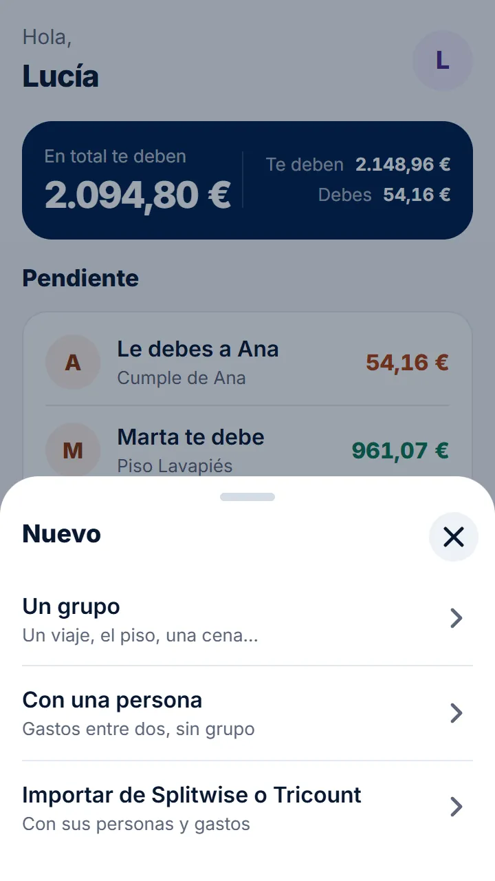 En Rounddrop, toca «Importar de Splitwise o Tricount»: está en Inicio › «Nuevo» y en tu perfil. Si aún no tienes grupos, en Inicio sale «¿Vienes de Splitwise o Tricount? Trae tus grupos».