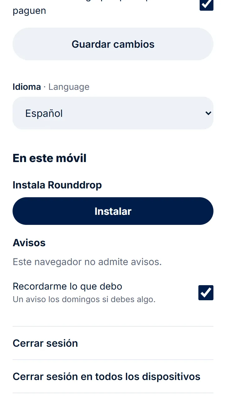 En Android, abre rounddrop.app en Chrome, entra en tu perfil y toca «Instalar». Si no sale, menú de los tres puntos › «Instalar aplicación».