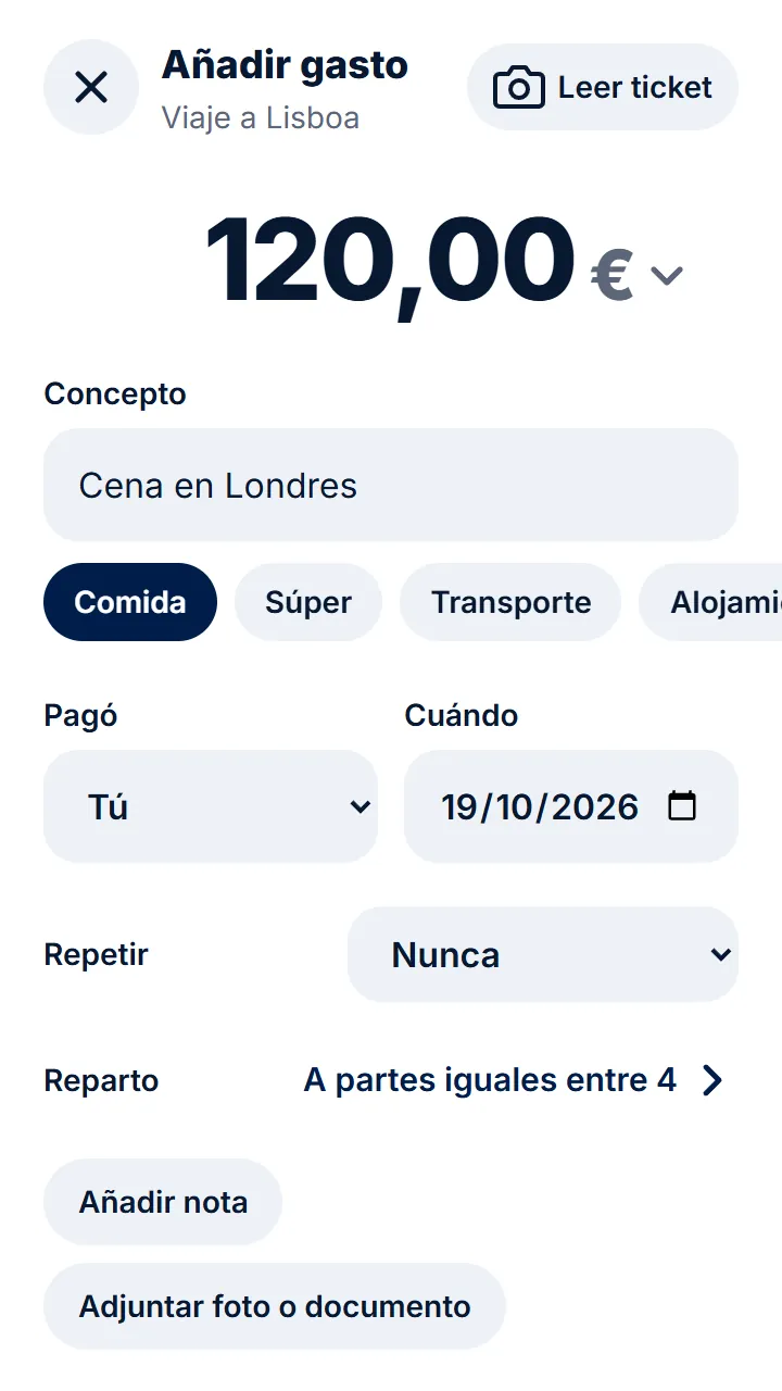 Al apuntar el gasto, toca el símbolo de la moneda, junto al importe.