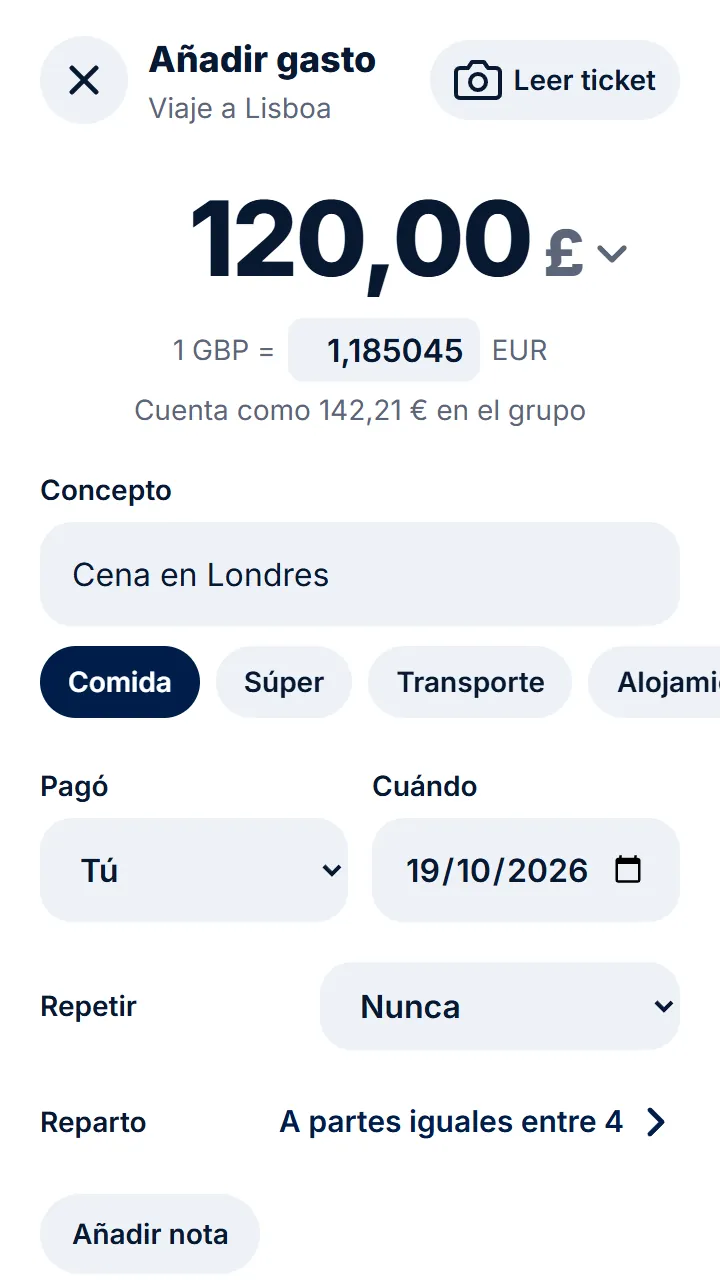 Elige la moneda en la que pagaste. Lo pasamos a la del grupo con el cambio del día.