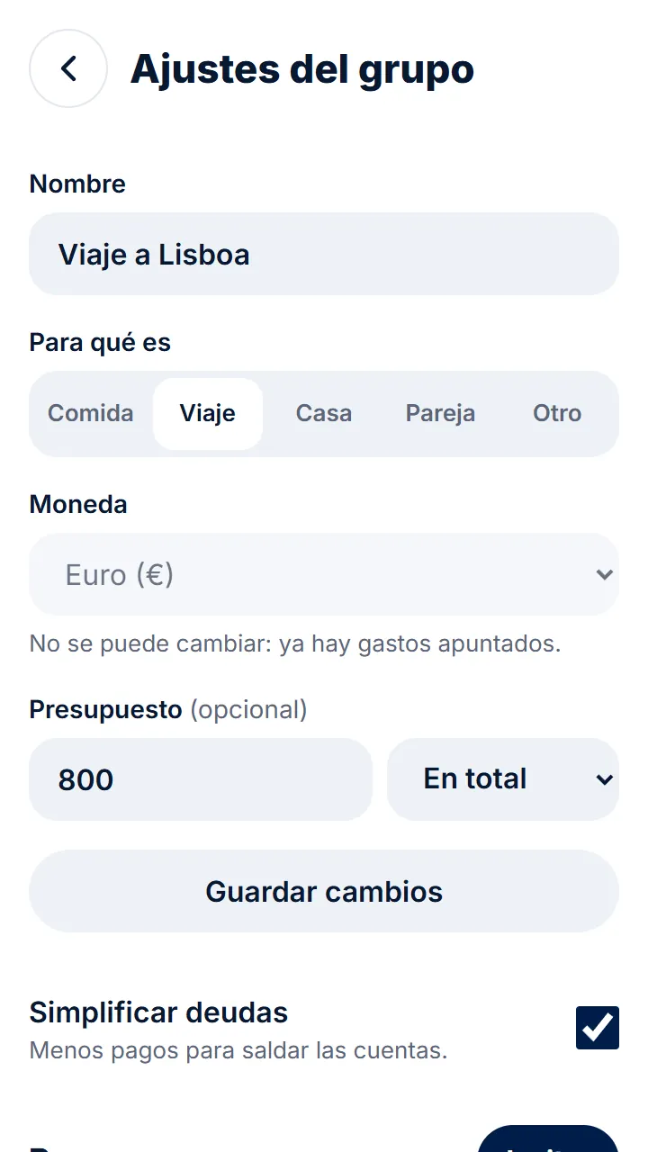 En «Presupuesto», escribe el importe, elige «En total» o «Cada mes» y toca «Guardar cambios».