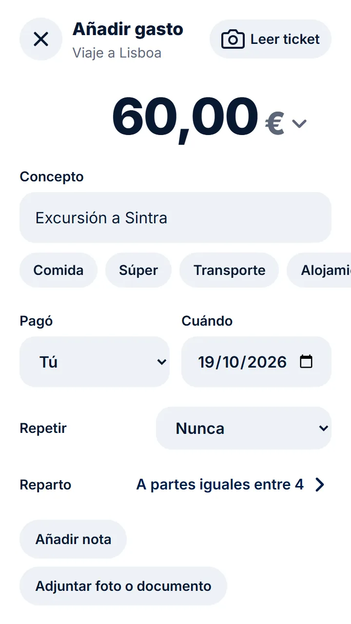 Al apuntar el gasto, toca «Reparto».