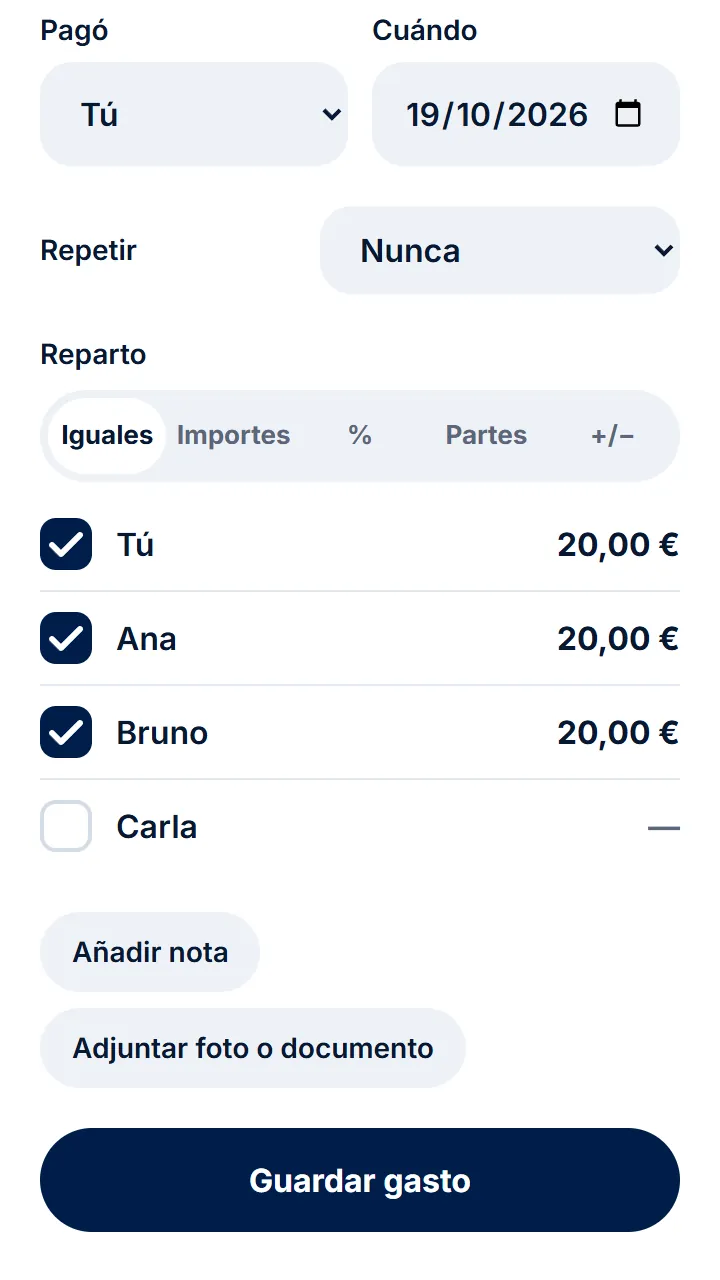 Toca el nombre de quien no participó para quitarlo del reparto.