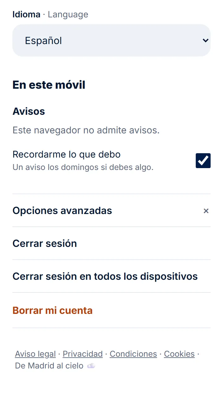 Para borrar la cuenta, abre «Opciones avanzadas», al final, toca «Borrar mi cuenta» y escribe el código que te mandamos.